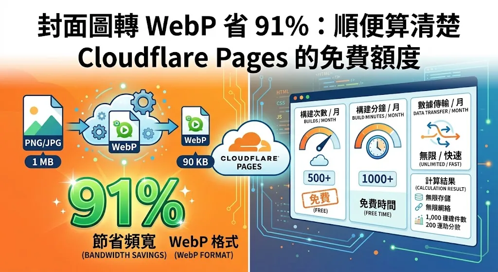 封面圖轉 WebP 省 91%：順便算清楚 Cloudflare Pages 的免費額度